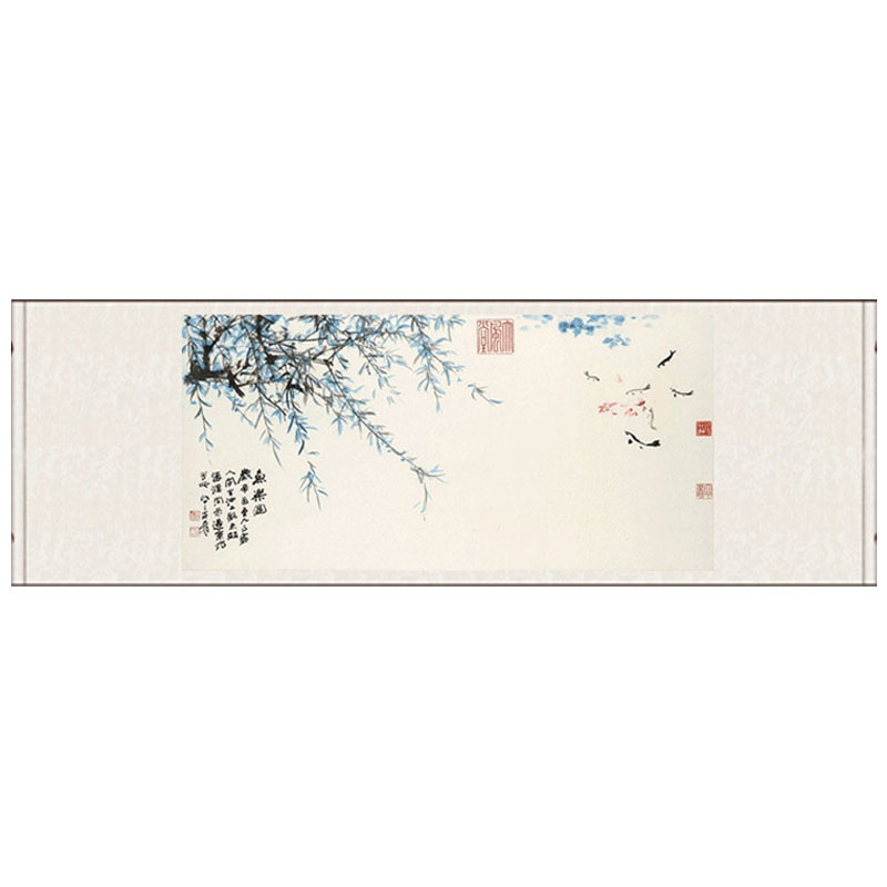 张大千花鸟画荷花五牛图风水挂画五路财神九鱼图牡丹鱼乐图卷轴画