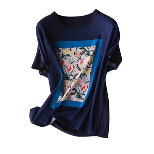 文静素雅.清凉春夏季艺术花鸟印花拼接蝙蝠短袖显瘦针织T恤衫上衣