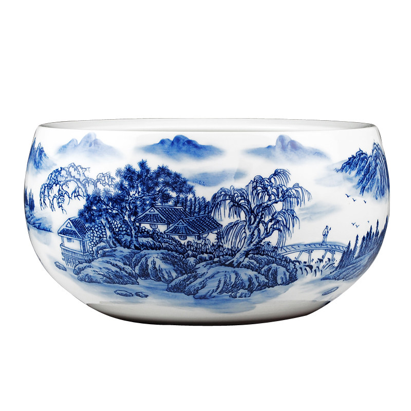景德镇陶瓷器青花瓷手工山水画溪山访友金鱼缸乌龟碗莲盆水缸睡莲