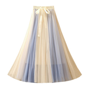 夏季网纱半身裙女百搭纱裙撞色拼接大摆蓬蓬A字裙长裙仙女裙子春