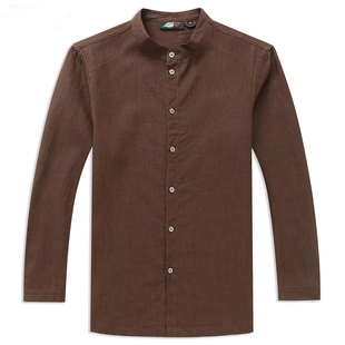 楠苎麻衬衫男中国风修身中年长袖春款全麻中式立领男士上衣男景风