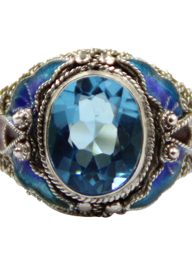 手工掐丝珐琅烧蓝镶嵌托帕石戒指