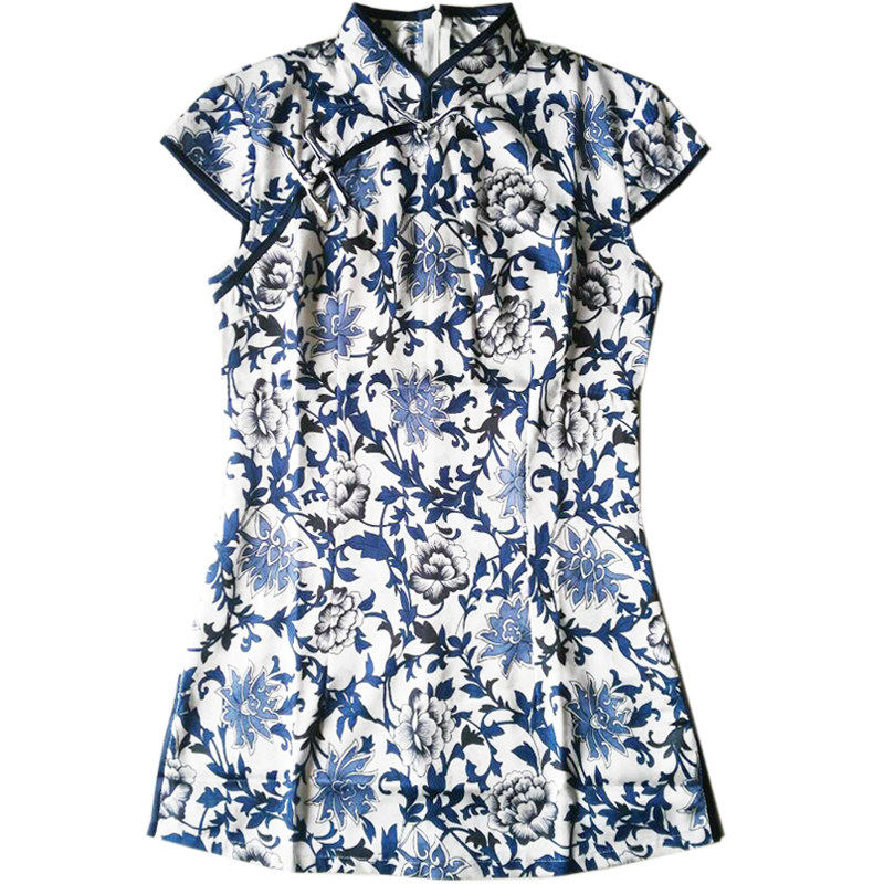 复古修身短袖古典青花瓷旗袍式上衣女夏季中长款中国民族风茶服装