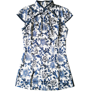 复古修身短袖古典青花瓷旗袍式上衣女夏季中长款中国民族风茶服装