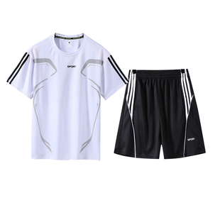 跑步套装男夏健身房晨跑速干训练运动服短袖短裤宽松休闲两件套薄
