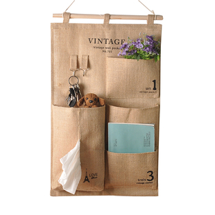 包邮黄麻挂袋布艺挂式收纳袋杂物挂袋门后衣柜挂包五兜收纳整理袋