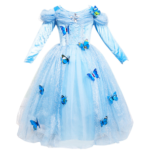春秋季女童长袖礼服 儿童灰姑娘爱洛贝儿公主裙子网纱蓬蓬连衣裙