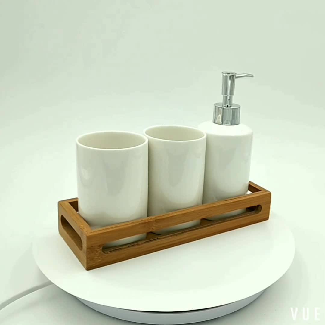 Promotional Plain White 3pcs Ceramic Set And Bamboo Tray Bath