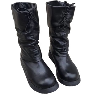 一席之地女鞋2022秋冬新品平底中筒靴子帅气舒适休闲百搭宽口牛皮