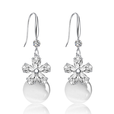 S925纯银猫眼石耳环女气质韩国珍珠耳坠流苏长款个性简约水晶耳钉