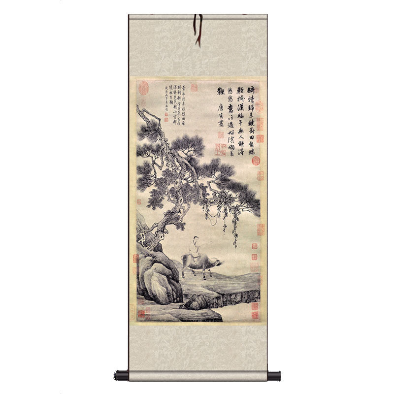 唐寅 葑田行犊图仿古画卷轴画国画水墨画丝绸画卷轴画名家字画