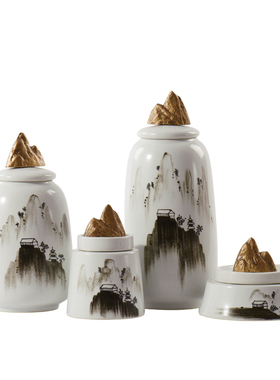 新中式风水墨陶瓷罐书柜工艺品