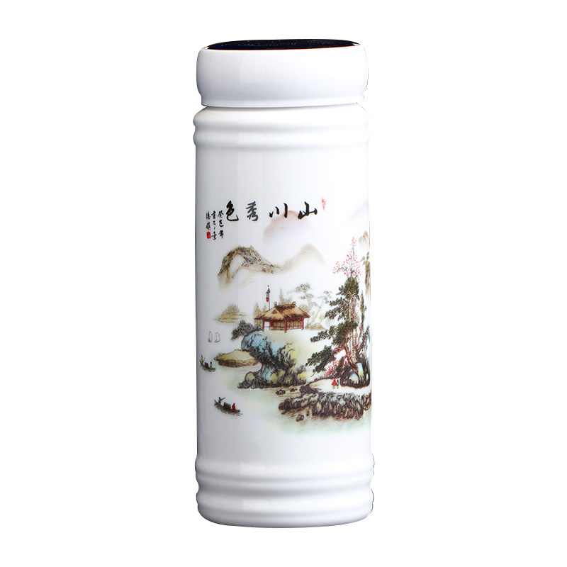 景德镇陶瓷茶杯带盖双层骨瓷内胆隔热水杯办公室茶杯青花瓷杯男女