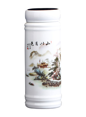 景德镇陶瓷茶杯带盖双层骨瓷内胆隔热水杯办公室茶杯青花瓷杯男女