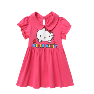 Hello Kitty女童短袖翻领连衣裙小童棉公主裙子百褶裙