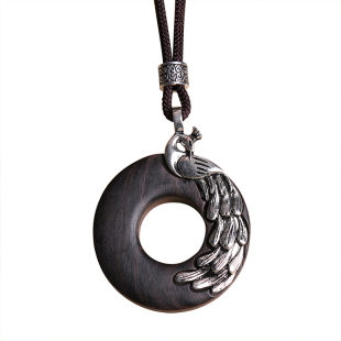 民族风檀木孔雀毛衣链长款 文艺复古棉麻项链百搭简约吊坠挂件女