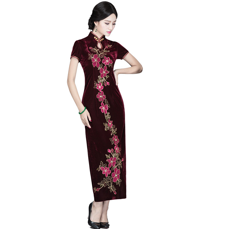 华族经典高档绣花金丝绒旗袍裙长款改良修身走秀演出宴会礼服女秋