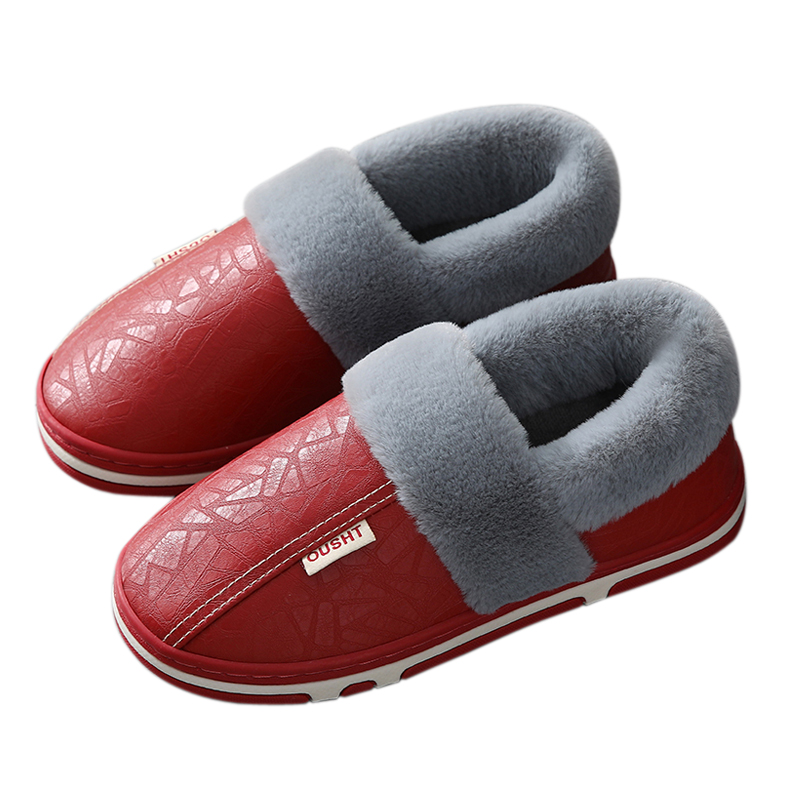 PU皮面防水情侣棉拖鞋包跟男厚底舒适地板防滑居家保暖棉鞋女冬季