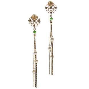 原创宫廷长款金色 国风耳钉绿幽灵复古流苏耳夹14K包金礼物高级感