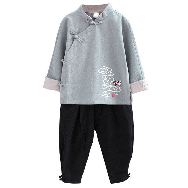 儿童唐装女童中国风汉服男童套装传统复古风春款棉麻两件套国学服