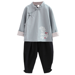 儿童唐装女童中国风汉服男童套装传统复古风春款棉麻两件套国学服