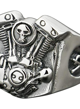 朋克风复古发动机骷髅纯银戒指