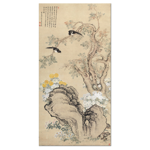 清代邹一桂翠柏双喜图古代花鸟书法工笔字画微喷宣纸成品画心画芯