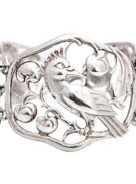 上层精灵的庭院∮稀有夜莺和灯笼果装饰艺术时代纯银镂空图案手镯