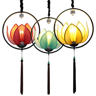 新中式莲花吊灯茶楼餐厅过道酒店吧台装饰氛围灯荷花吊灯布艺灯笼