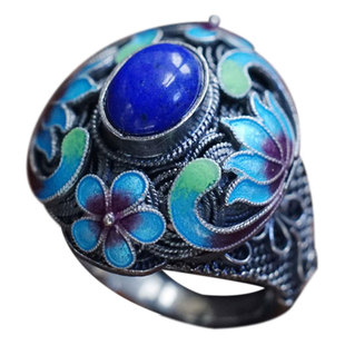 天醉原创非遗手工花丝镶嵌青金石纯银戒指复古掐丝珐琅新中式爱莲