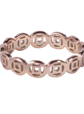 钛钢玫瑰金镂空钱币网红戒指ins