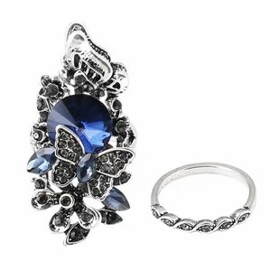 韩版时尚复古食中指指环女镶钻水晶装饰戒指简约个性潮人学生饰品