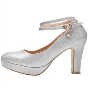 银白色绑带婚鞋珍珠绑带粗跟方根大码34水台演出主持成人礼纱拍照