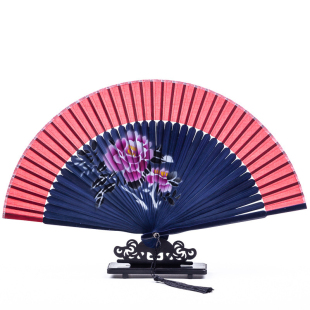 头青喷绘扇花鸟美女图女扇珠光柄喷绘丝绸扇子折扇旗袍配扇