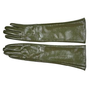 包邮漆皮长手套40cm长款PU仿真皮仿皮保暖亮皮镜面制服诱惑军绿色