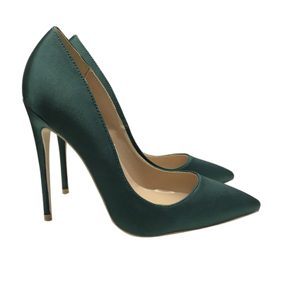 墨绿色尖头法式绸缎公分高跟鞋
