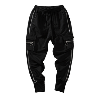港风新款春秋季欧美街舞口袋拉链圆环学生裤子嘻哈飘带束脚运动裤