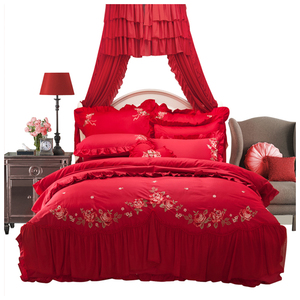 婚庆四件套大红刺绣蕾丝床上用品纯棉绣花欧式结婚全棉1.82.0床品