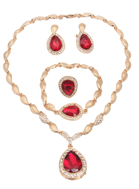 欧美夸张水滴宝石高档合金镀金四件套链新娘项链耳环套装宴会饰品