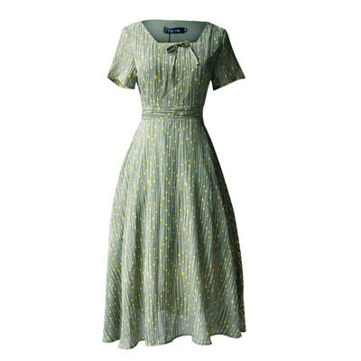 juju复古方领雪纺连衣裙收腰绑带