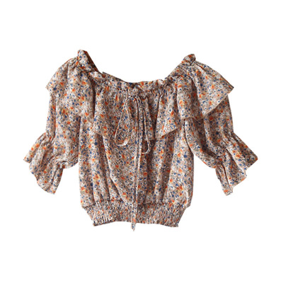 露脐雪纺衬衫荷叶边泡泡袖上衣