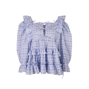 折扣价第三场168元MOOLY毛哩 蓝绒点/粉白印花泡泡袖绑带系带上衣