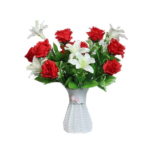 仿真花玫瑰花百合组合花绢花一束9朵假花客厅卧室餐桌茶几装饰花
