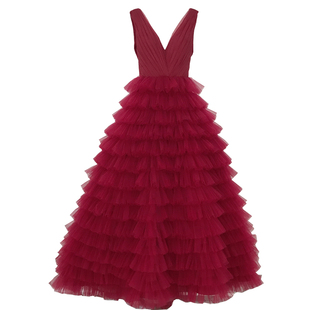 新款韩式简约红色深V露背双肩蛋糕多层公主蓬蓬结婚拖尾婚纱礼服