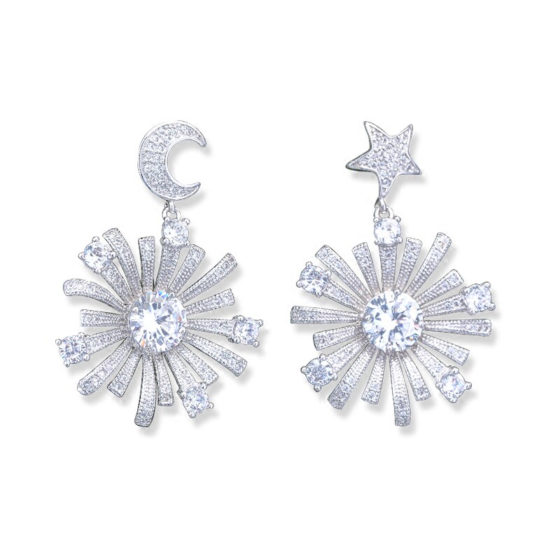 森系纯银耳环星星月亮气质奢华名媛复古潮人AB不对称耳钉女耳坠