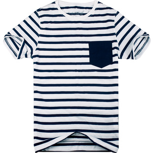 夏天的衣服海军风丅恤 水手服蓝白横条纹海魂衫纯棉短袖t恤男