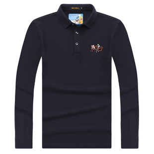 中年商务休闲男装纯棉t恤长袖翻领polo衫春秋高尔夫马球黑色上衣