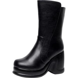 2025冬款真皮女靴中筒靴坡跟厚底松糕底马丁靴棉靴防水台高跟鞋