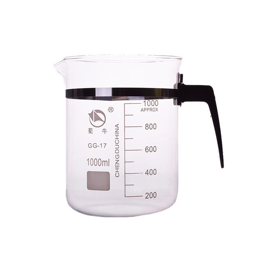 蜀牛玻璃塑柄烧杯500ml/800ml/1000ml量杯带刻度耐高温厚料可加热