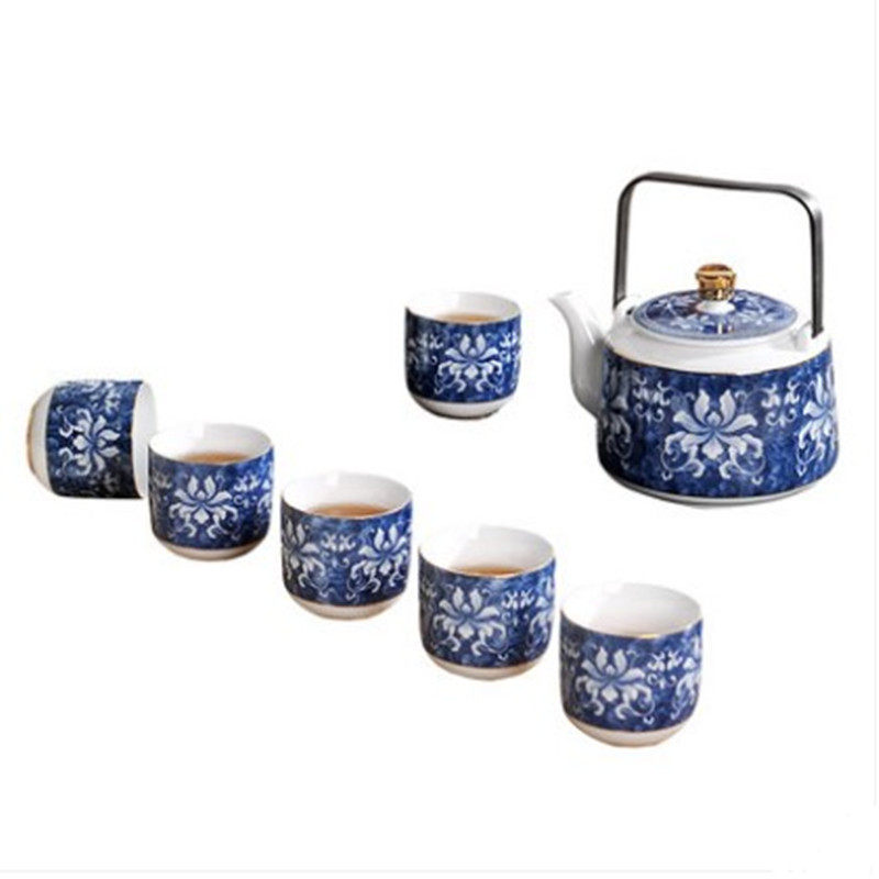 景德镇陶瓷茶具套装青花手提梁壶大容量泡茶壶家用礼品瓷茶具包邮